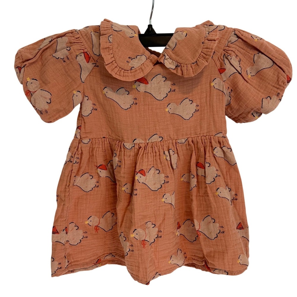 H&M Dress Baby Girl 18M Pink NWT Organic Cotton Gauze Chicken Print Puff Sleeve